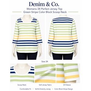 Denim &‎ Co Womens 3X Perfect Jersey Stripe 3/4 Sleeve Scoop Neck Top A222175